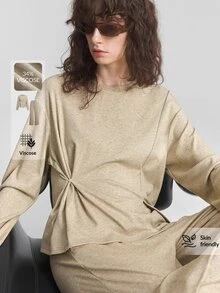 Ontre 2026 Winter Khaki Round Neck Knitted Top With Side Slit And Waist Design, Elastic Waist Long Pants For Women, Lounge Travel Casual Outfit - Khaki - View 2