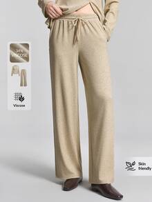 Ontre 2026 Winter Khaki Round Neck Knitted Top With Side Slit And Waist Design, Elastic Waist Long Pants For Women, Lounge Travel Casual Outfit - Khaki - View 5