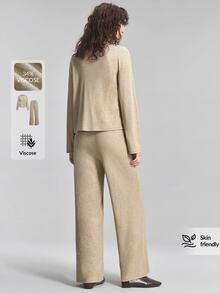 Ontre 2026 Winter Khaki Round Neck Knitted Top With Side Slit And Waist Design, Elastic Waist Long Pants For Women, Lounge Travel Casual Outfit - Khaki - View 6