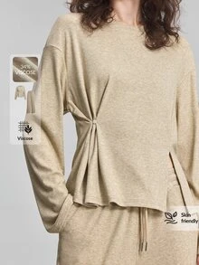 Ontre 2026 Winter Khaki Round Neck Knitted Top With Side Slit And Waist Design, Elastic Waist Long Pants For Women, Lounge Travel Casual Outfit - Khaki - View 4