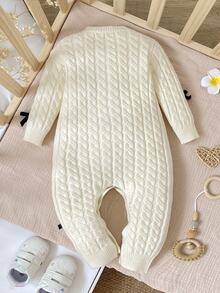 SHEIN Baby Girl Bow Decor Button Knit Romper - Apricot - View 4