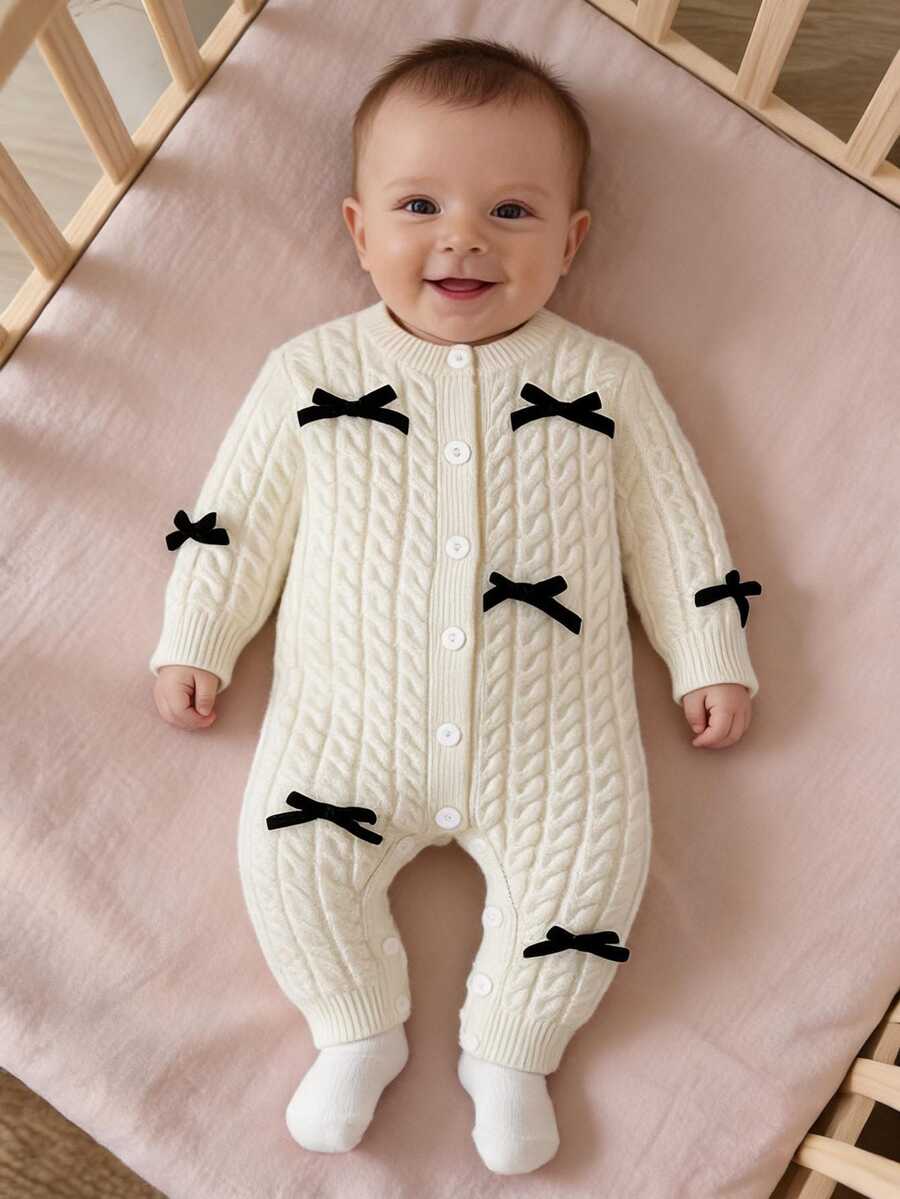 SHEIN Baby Girl Bow Decor Button Knit Romper - Apricot - View 1