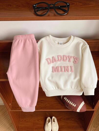 SHEIN Kids Baby Girl Cute Letter Pattern Embroidered Crew Neck Pullover Sweatshirt & Long Pants 2 Pieces Set, Suitable For Autumn/Winter