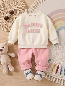 SHEIN Kids Baby Girl Cute Letter Pattern Embroidered Crew Neck Pullover Sweatshirt & Long Pants 2 Pieces Set, Suitable For Autumn/Winter - Multicolor - View 2