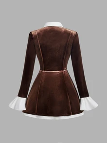 SHEIN MOD Plus Size Fall Brown Velvet Patchwork Shirt Dress, Retro Flared Sleeve Design, Young Lady, Vintage Modern Elegant Outfit, Light Party Brunch Morning - Brown - View 2
