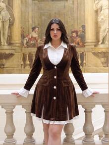SHEIN MOD Plus Size Fall Brown Velvet Patchwork Shirt Dress, Retro Flared Sleeve Design, Young Lady, Vintage Modern Elegant Outfit, Light Party Brunch Morning - Brown - View 6