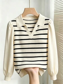 Franclia 女款條紋 Polo V 領修身針織套頭衫，對比色泡泡長袖休閒上衣，適合秋冬 - 白色 - 查看 1