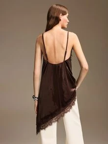 Ontre Women's Dark Brown Camisole Top With Asymmetrical Hem Lace Patchwork Low-Key Old Money Style Elegant Sexy Commute Airport Summer Essential Night Out - White - View 4