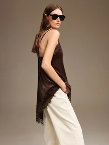 Ontre Women's Dark Brown Camisole Top With Asymmetrical Hem Lace Patchwork Low-Key Old Money Style Elegant Sexy Commute Airport Summer Essential Night Out - White - View 8