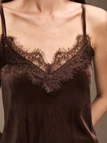 Ontre Women's Dark Brown Camisole Top With Asymmetrical Hem Lace Patchwork Low-Key Old Money Style Elegant Sexy Commute Airport Summer Essential Night Out - White - View 7