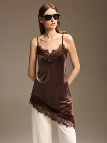 Ontre Women's Dark Brown Camisole Top With Asymmetrical Hem Lace Patchwork Low-Key Old Money Style Elegant Sexy Commute Airport Summer Essential Night Out - White - View 6