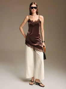 Ontre Women's Dark Brown Camisole Top With Asymmetrical Hem Lace Patchwork Low-Key Old Money Style Elegant Sexy Commute Airport Summer Essential Night Out - White - View 5