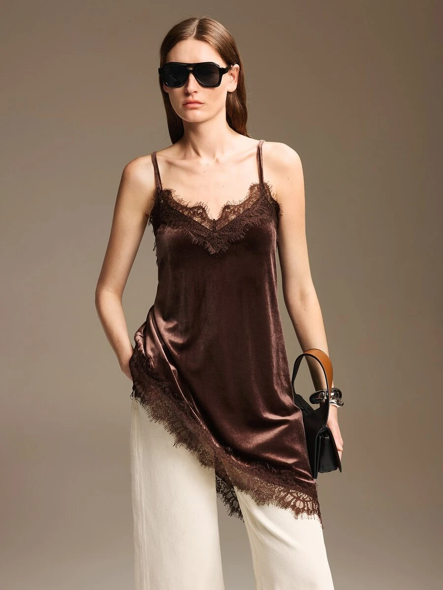 Ontre Women's Dark Brown Camisole Top With Asymmetrical Hem Lace Patchwork Low-Key Old Money Style Elegant Sexy Commute Airport Summer Essential Night Out