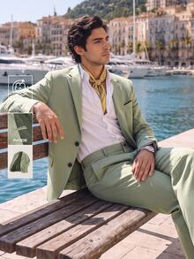 Suiteron Men's Solid Casual Lapel Neck Blazer & Slant Pocket Pants Formal Suit Set, Old Money Style, Ceremony - Green - View 2