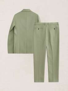 Suiteron Men's Solid Casual Lapel Neck Blazer & Slant Pocket Pants Formal Suit Set, Old Money Style, Ceremony - Green - View 3