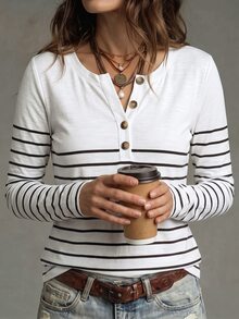 Glimmora Women's New Autumn/Winter Striped Print Pattern Casual Versatile T-Shirt - Multicolor - View 3