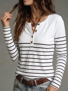 Glimmora Women's New Autumn/Winter Striped Print Pattern Casual Versatile T-Shirt - Multicolor - View 5