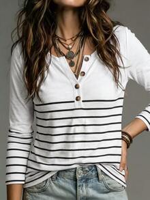 Glimmora Women's New Autumn/Winter Striped Print Pattern Casual Versatile T-Shirt - Multicolor - View 4
