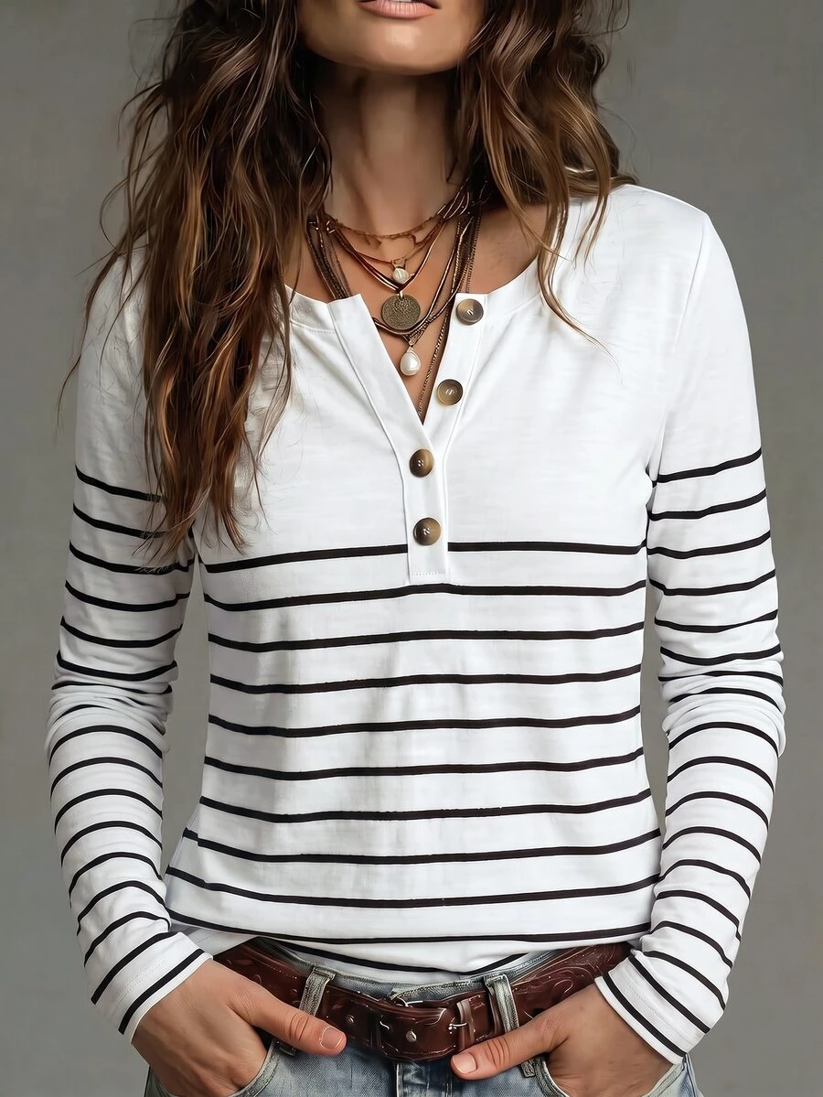 Glimmora Women's New Autumn/Winter Striped Print Pattern Casual Versatile T-Shirt - Multicolor - View 1