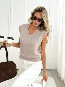Easowa Women's Casual Minimalist Versatile Knit Vest Office Brown Autumn - Khaki - View 6