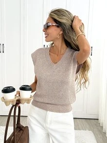 Easowa Women's Casual Minimalist Versatile Knit Vest Office Brown Autumn - Khaki - View 2