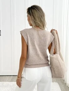 Easowa Women's Casual Minimalist Versatile Knit Vest Office Brown Autumn - Khaki - View 4