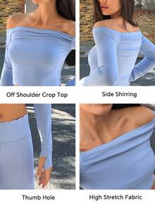Fluxe Women's Solid Color Off-Shoulder Long Sleeve Top And Pants Casual Daily Sports Set - Blue - View 4