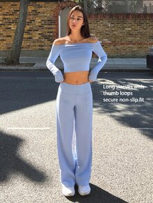 Fluxe Women's Solid Color Off-Shoulder Long Sleeve Top And Pants Casual Daily Sports Set - Blue - View 7