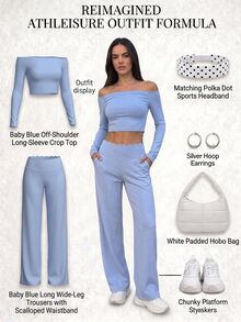 Fluxe Women's Solid Color Off-Shoulder Long Sleeve Top And Pants Casual Daily Sports Set - Blue - View 3