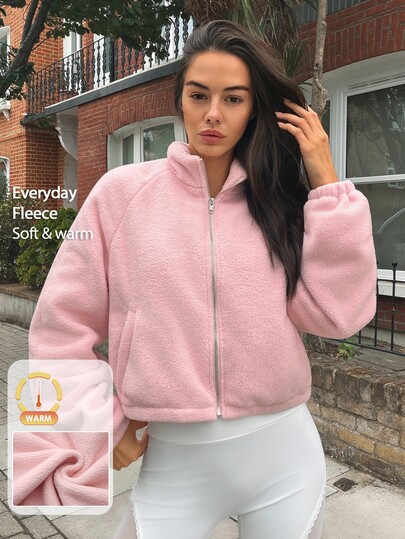Fluxe Women Fleece Jacket Stand Collar Zip Up Sherpa Coat Cropped Oversized Warm Winter Gym Workout Casual Sportswear Activewear Outwear Fleece
