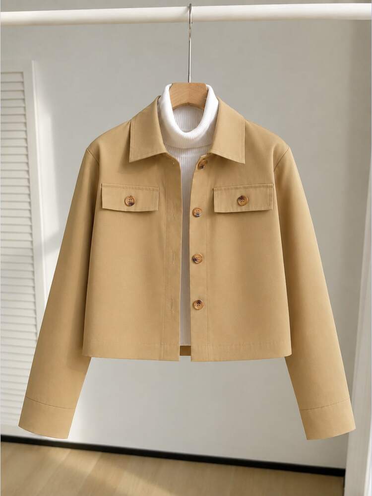 SHEIN Tween Girl Fall Clothes Jacket, Fall Winter, Outdoor, Back To School, Holiday Outfits, Casual, Comfortable - Khaki - View 3
