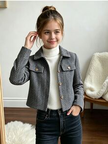 SHEIN Tween Girl Fall Clothes Jacket, Fall Winter, Outdoor, Back To School, Holiday Outfits, Casual, Comfortable - Black - View 7