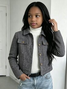 SHEIN Tween Girl Fall Clothes Jacket, Fall Winter, Outdoor, Back To School, Holiday Outfits, Casual, Comfortable - Black - View 8