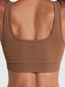 11SKNDS Seamfree Ribbed Seamless Scoop Neck Sports Bra With Padded Support And Wide Underband Active Crop Top With Sweat-Wicking, Stretchy, Breathable, Buttery-Soft & Low Impact Support, For Gym Workout Fitness Yoga Pilates Studio, Running, Training & Hy-Rox - Mocha Brown - View 5
