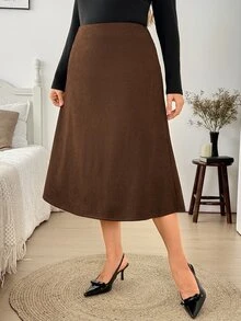 Easowa Curve Plus Size Women Solid Color Casual Wine Red Mini Skirt - Brown - View 6
