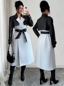 Elenzga 1pc Two Tone Double Breasted Belted Overcoat - Multicolor - View 2