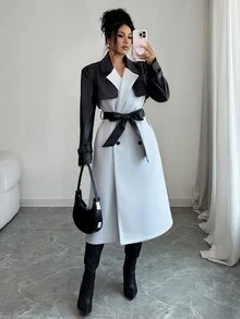 Elenzga 1pc Two Tone Double Breasted Belted Overcoat - Multicolor - View 4