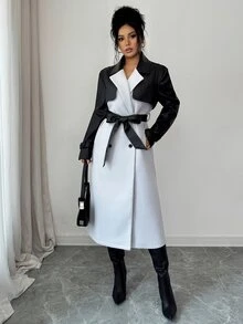 Elenzga 1pc Two Tone Double Breasted Belted Overcoat - Multicolor - View 6