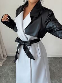 Elenzga 1pc Two Tone Double Breasted Belted Overcoat - Multicolor - View 8