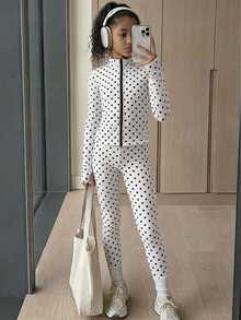 Tween Girl Tween Girls Black & White Print Knit Sports Cardigan & Long Pants Set 2pcs Casual Halloween Fall Style Christmas Winter - White - View 2