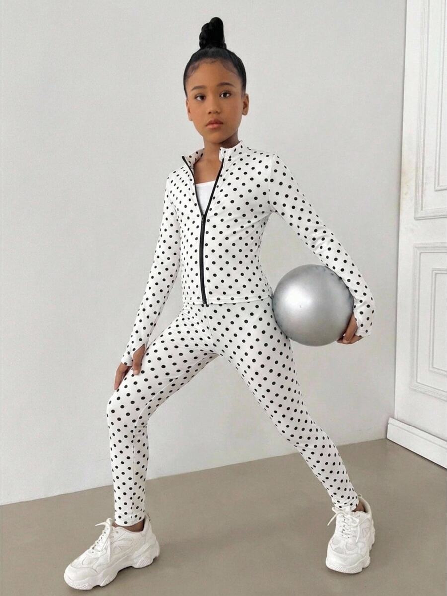 Tween Girl Tween Girls Black & White Print Knit Sports Cardigan & Long Pants Set 2pcs Casual Halloween Fall Style Christmas Winter - White - View 1