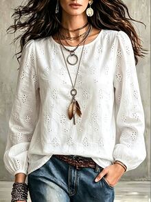 SHEIN Women's White Floral Embroidery Puff Sleeve Blouse, Loose Shirt For Spring Fall Vacation Daily Casua - White - View 3