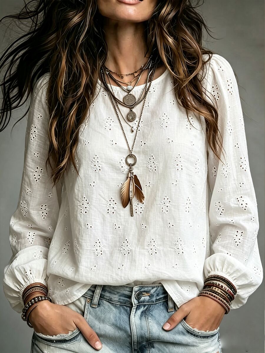 SHEIN Women's White Floral Embroidery Puff Sleeve Blouse, Loose Shirt For Spring Fall Vacation Daily Casua - White - View 1
