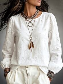SHEIN Women's White Floral Embroidery Puff Sleeve Blouse, Loose Shirt For Spring Fall Vacation Daily Casua - White - View 4