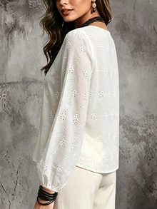 SHEIN Women's White Floral Embroidery Puff Sleeve Blouse, Loose Shirt For Spring Fall Vacation Daily Casua - White - View 2