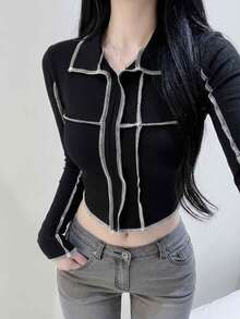 FRIFUL Women's Contrast Stitching Long Sleeve Slim Fit Casual T-Shirt Fall - Black - View 2