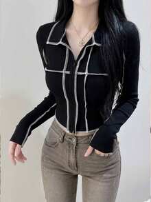 FRIFUL Women's Contrast Stitching Long Sleeve Slim Fit Casual T-Shirt Fall - Black - View 4