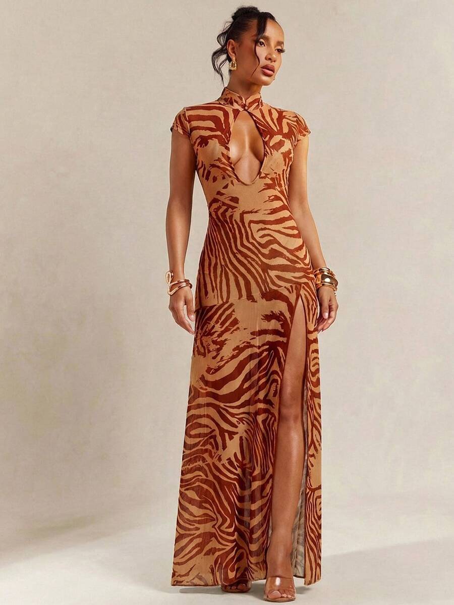 Hauture Abstract Brown Zebra Print Lace Mesh Dress Night Out Party Summer Sexy - Multicolor - View 1