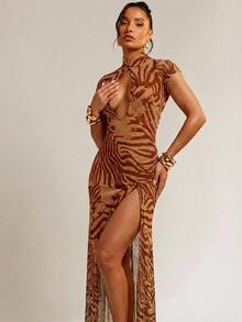Hauture Abstract Brown Zebra Print Lace Mesh Dress Night Out Party Summer Sexy - Multicolor - View 3