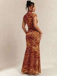 Hauture Abstract Brown Zebra Print Lace Mesh Dress Night Out Party Summer Sexy - Multicolor - View 2